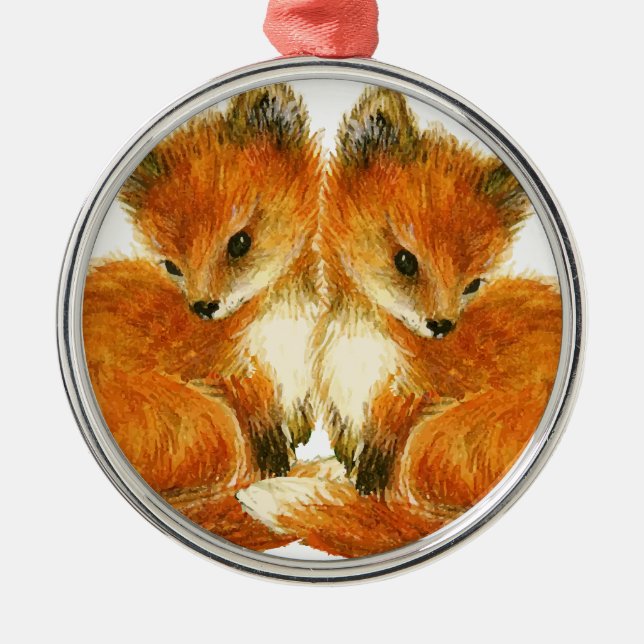 Baby Twin Foxes Metal Tree Decoration (Front)