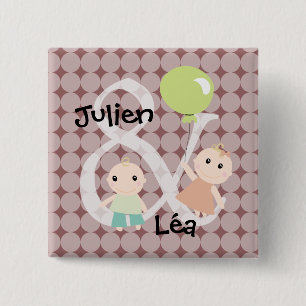Baby twin girl boy balloon 03 15 cm square badge