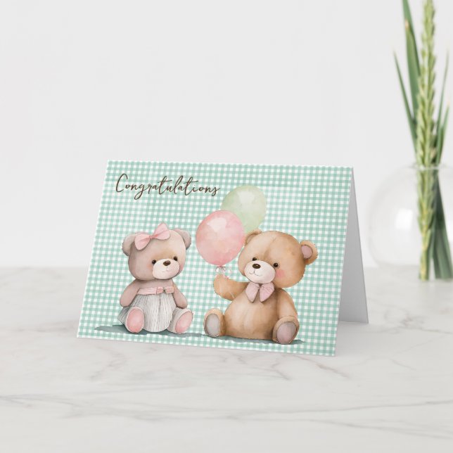 Baby Twin Teddy Bears Congratulations  Card (Front)
