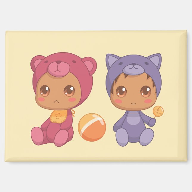 Baby Twins Bear Cat Jumpsuit 2 Yellow Magnet (Front)