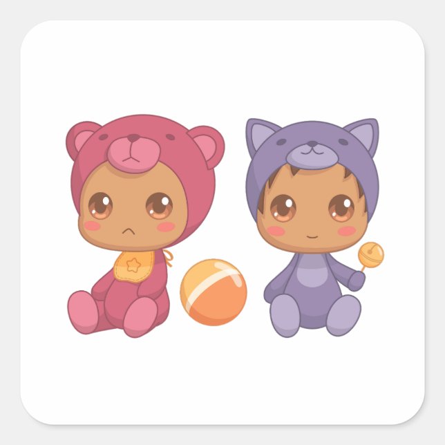 Baby Twins Bear Cat Jumpsuit 3 Square Sticker (Front)
