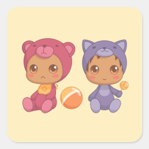 Baby Twins Bear Cat Jumpsuit 3 Yellow Square Sticker