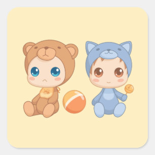 Baby Twins Bear Cat Jumpsuit on Yellow 2 Square Sticker