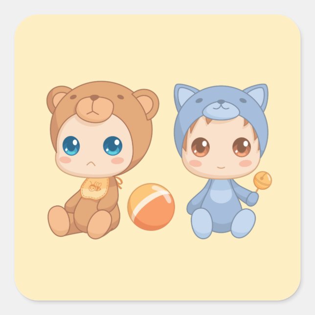 Baby Twins Bear Cat Jumpsuit on Yellow 2 Square Sticker (Front)