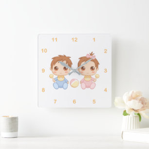 Baby Twins Boy and Girl 2 Square Wall Clock