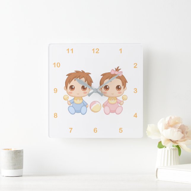 Baby Twins Boy and Girl 2 Square Wall Clock (Home)
