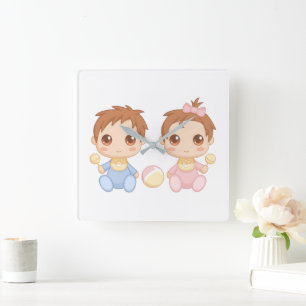 Baby Twins Boy and Girl Square Wall Clock