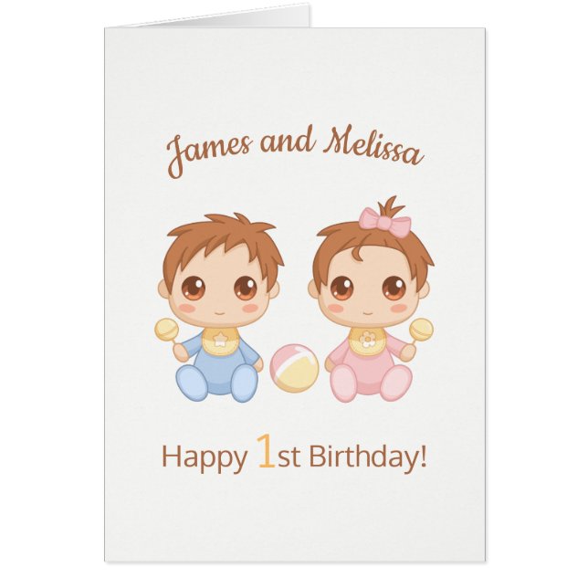 Baby Twins Boy Girl First Birthday Blank Card (Front)