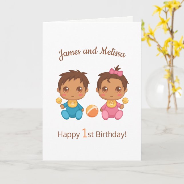 Baby Twins Boy Girl First Birthday Blank Card (Yellow Flower)