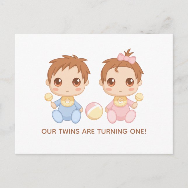 Baby Twins First Birthday Boy and Girl Invitation Postcard (Front)