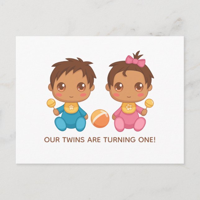 Baby Twins First Birthday Boy and Girl Invitation Postcard (Front)
