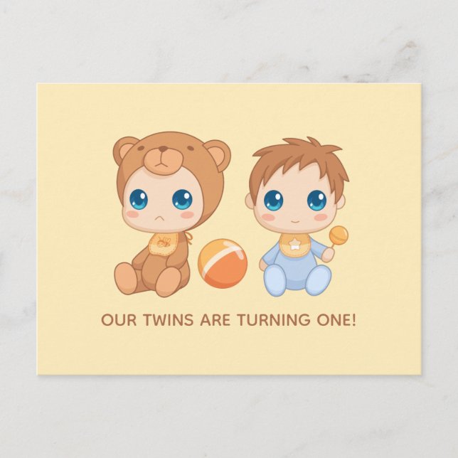 Baby Twins First Birthday Boy Bear Invitation 2 Postcard (Front)
