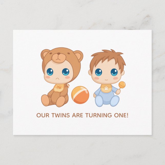 Baby Twins First Birthday Boy Bear Invitation Postcard (Front)