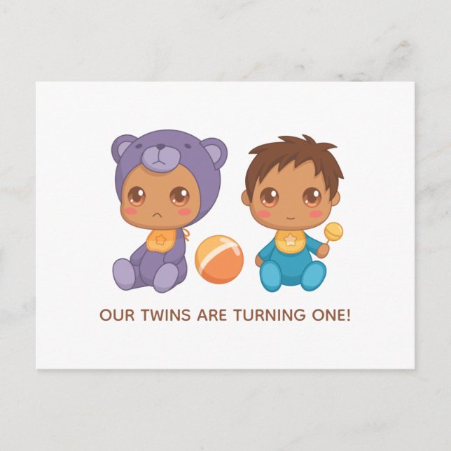 Baby Twins First Birthday Boy Bear Invitation Postcard (Front)