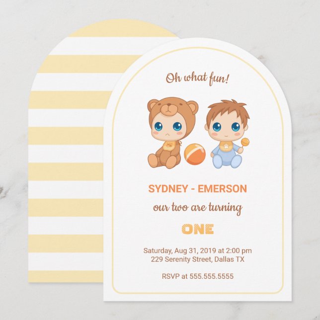 Baby Twins First Birthday Boy Bear Jumpsuit Invitation (Front/Back)