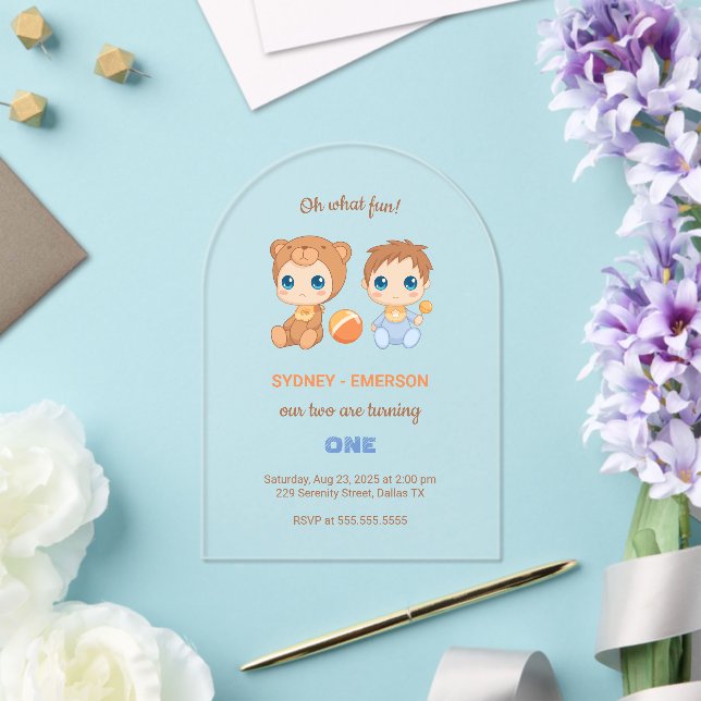 Baby Twins First Birthday Boy Bear Transparent Acrylic Invitations (Insitu (Wedding))