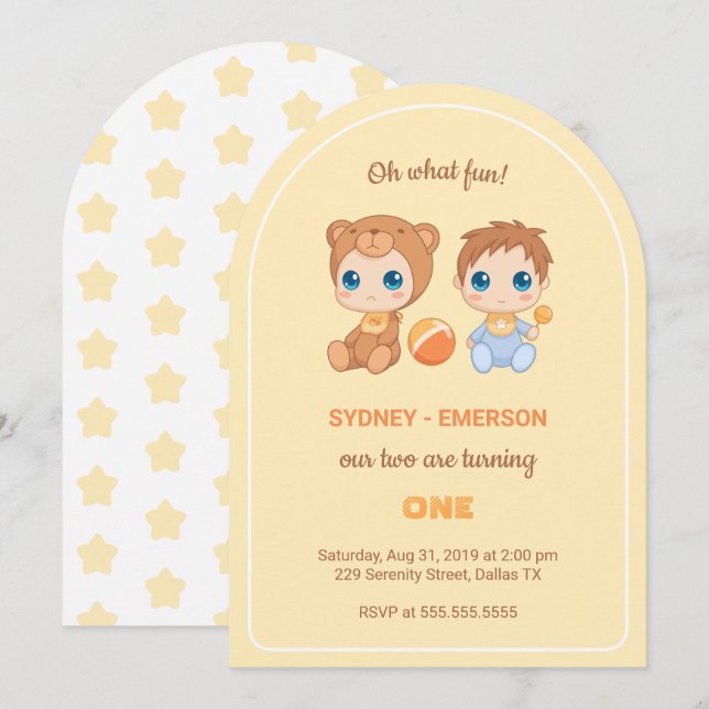 Baby Twins First Birthday Boy Bear Yellow Invitation (Front/Back)