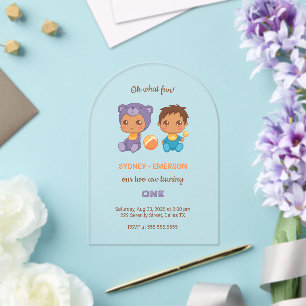 Baby Twins First Birthday Boy Purple Bear 2 Acrylic Invitations