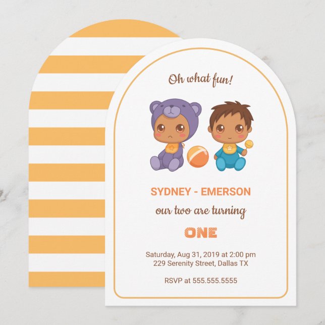 Baby Twins First Birthday Boy Purple Bear 2 Invitation (Front/Back)