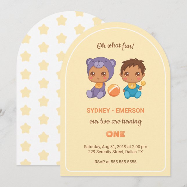 Baby Twins First Birthday Boy Purple Bear Yellow I Invitation (Front/Back)