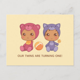 Baby Twins First Birthday Cat Bear Invitation 2 Postcard