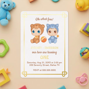 Baby Twins First Birthday Cat Bear Jumpsuit
