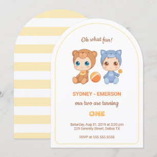 Baby Twins First Birthday Cat Bear Jumpsuit Invitation