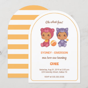 Baby Twins First Birthday Cat Bear Jumpsuit Invitation