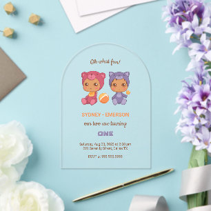 Baby Twins First Birthday Cat Bear Transparent Acrylic Invitations