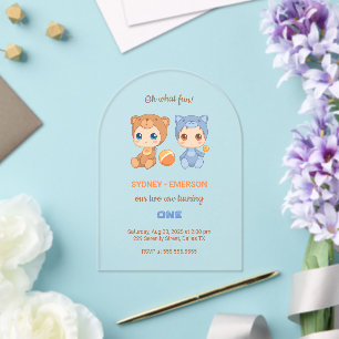 Baby Twins First Birthday Cat Bear Transparent Acrylic Invitations