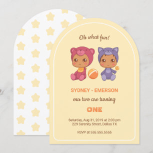 Baby Twins First Birthday Cat Bear Yellow Invitation