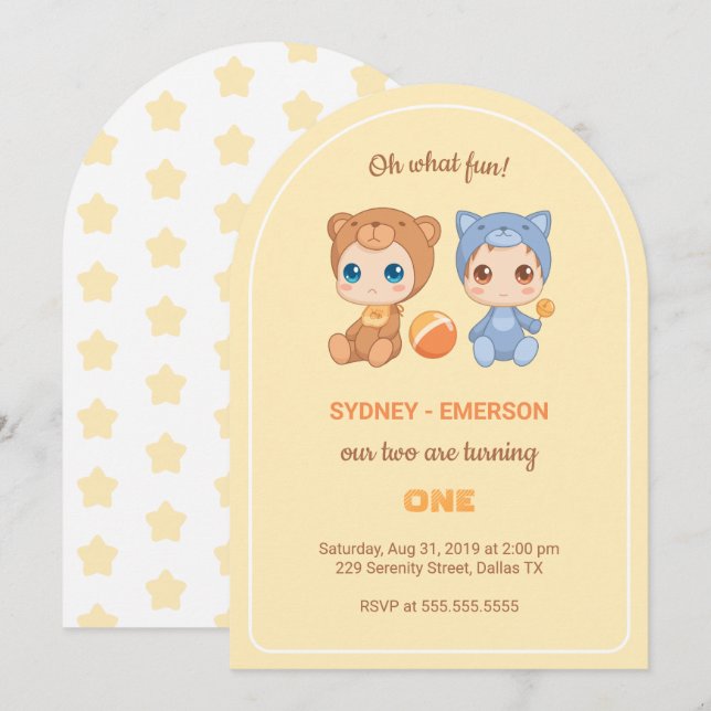 Baby Twins First Birthday Cat Bear Yellow Invitation (Front/Back)