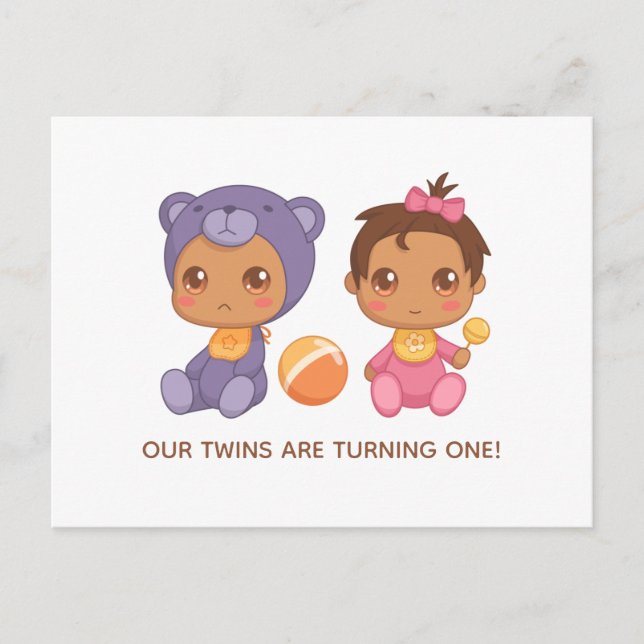 Baby Twins First Birthday Girl Bear Invitation 2 Postcard (Front)