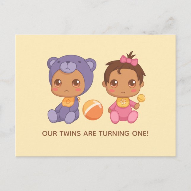 Baby Twins First Birthday Girl Bear Invitation Postcard (Front)