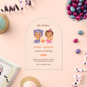 Baby Twins First Birthday Girl Bear Jumpsuit 2 Acrylic Invitations