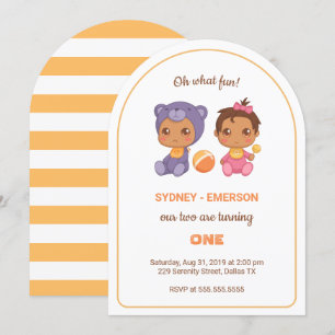 Baby Twins First Birthday Girl Bear Jumpsuit 2 Inv Invitation