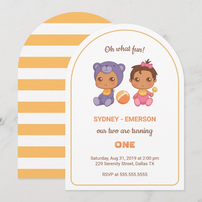 Baby Twins First Birthday Girl Bear Jumpsuit 2 Invitation (Front/Back)