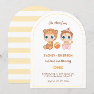 Baby Twins First Birthday Girl Bear Jumpsuit Invitation