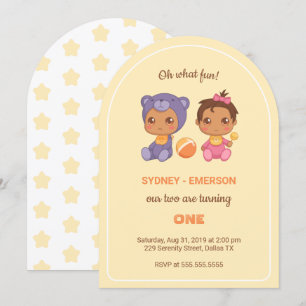 Baby Twins First Birthday Girl Bear Yellow 1 Invit Invitation