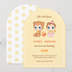 Baby Twins First Birthday Girl Bear Yellow Invitation