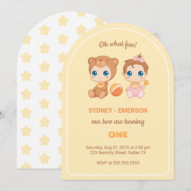 Baby Twins First Birthday Girl Bear Yellow Invitation (Front/Back)