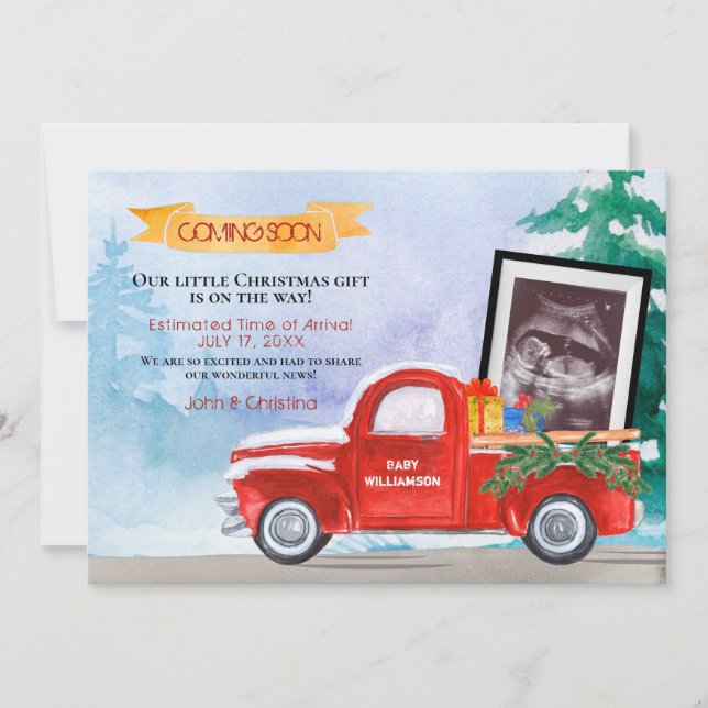 Baby Ultrasound Photo Red Christmas Truck   Announcement (Front)