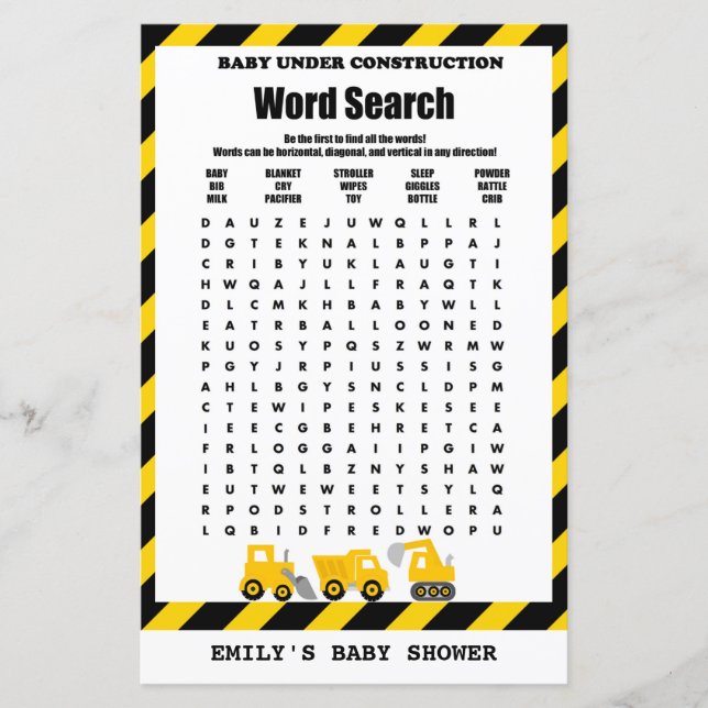 Baby Under Construction Baby Shower Game PRINTED (Front)