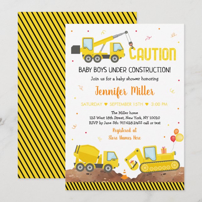 Baby Under Construction Twin Boy Truck Baby Shower Invitation (Front/Back)