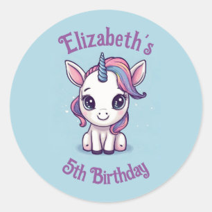 Baby Unicorn Blue Birthday Name and Age Classic Round Sticker