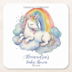 Baby Unicorn Boy Baby Shower Square Paper Coaster
