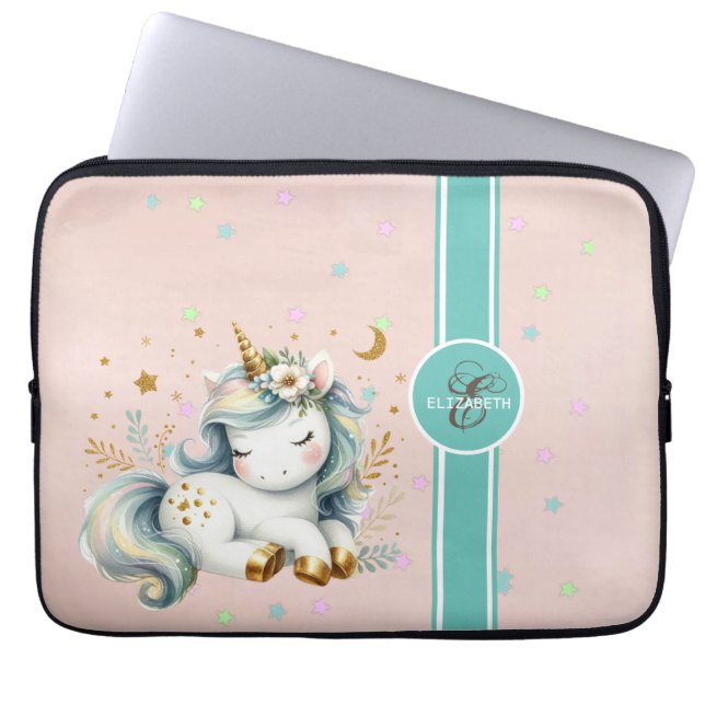 Baby Unicorn, Colourful Stars Monogram Laptop Sleeve (Front)
