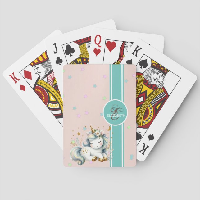 Baby Unicorn, Colourful Stars Monogram Playing Cards (Back)