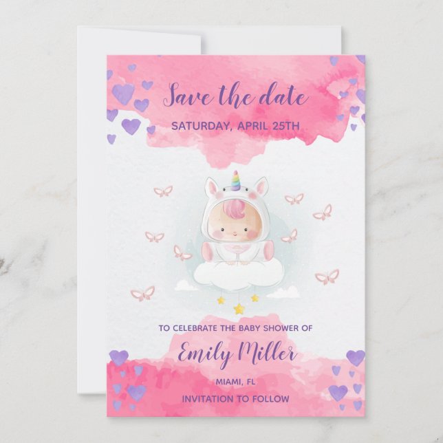 Baby unicorn girl shower save the date (Front)