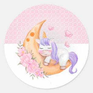 Baby Unicorn Over The Moon with Flowers   Classic Round Sticker